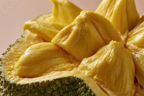 Jackfruit Halved Yellow Fibrous Arils Plump Inside Green Spiky Rind Macro Horizontal