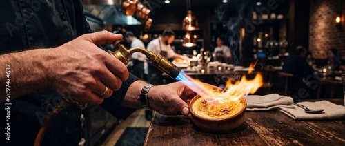 Professional chef using handheld kitchen torch to caramelize sugar crust on top of creamy dessert inside busy restaurant kitchen.