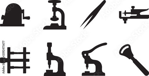 Tableau sur toile Watch repair tools and horology workshop equipment black silhouette icons set is