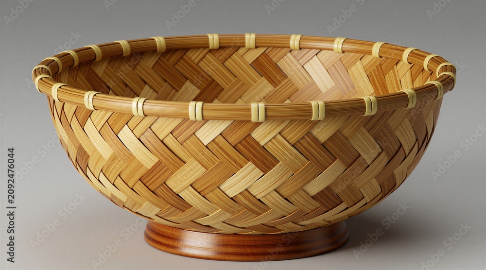 Obraz premium Woven bamboo bowl with intricate pattern sits on wooden base. Natural material container for food or decor. Handmade artisanal kitchenware adds organic touch to home interior design.