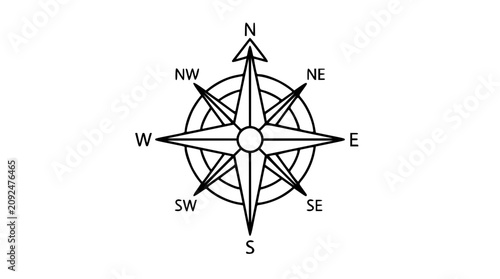 Schilderij op canvas A clean black and white line art vector icon of a mariner compass rose with cardinal directions and decorative wind marks, excellent for nautical navigation graphics or maritime-themed designs