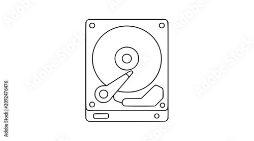 Foto A clean black and white line art vector icon of a hard drive, suitable for digital storage concepts, server maintenance, or computer repair service branding