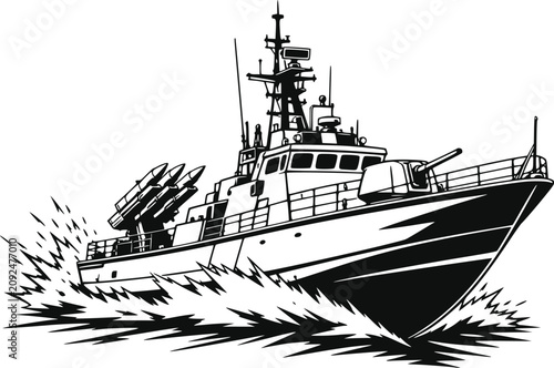 Fast Attack Patrol Boat Vector Illustration, Modern Military Navy Combat Vessel Line Art