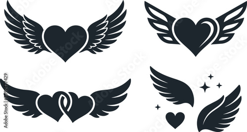Photography Heart with Wings Vector Icon Set Featuring Romantic Angel Silhouette Designs for