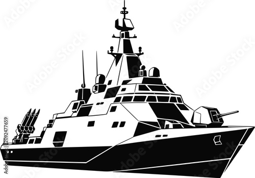 Fotografía Modern Stealth Warship Vector Illustration, Advanced Naval Combat Vessel