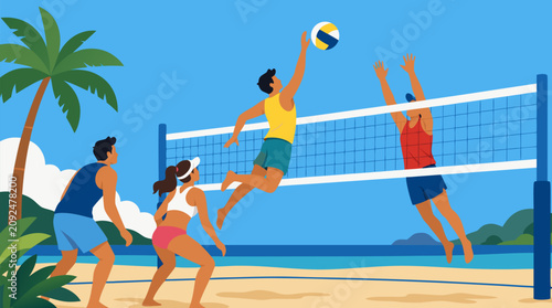Energetic beach volleyball players jumping high to spike the ball over the net on sunny sand with palm trees vibrant action sports vector illustration ideal for fitness advertising summer recreation