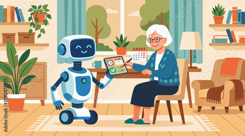 Friendly robot assistant helping elderly woman organize daily tasks with digital tablet in cozy modern home interior vector illustration ideal for technology lifestyle healthcare and senior care
