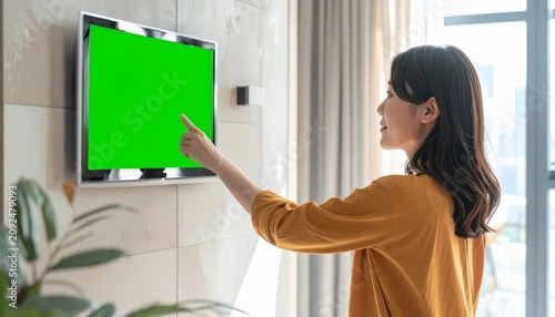 Modern Woman Interacting with Green Screen Interactive Display