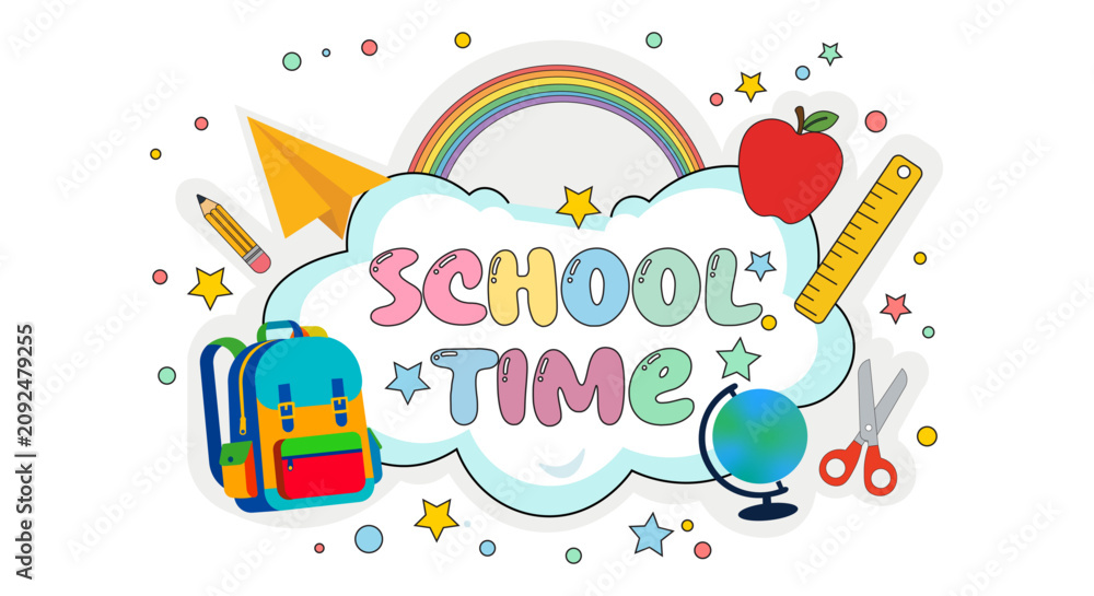 Fototapeta premium School Time Colorful Typography with School Supplies Flat Vector Illustration