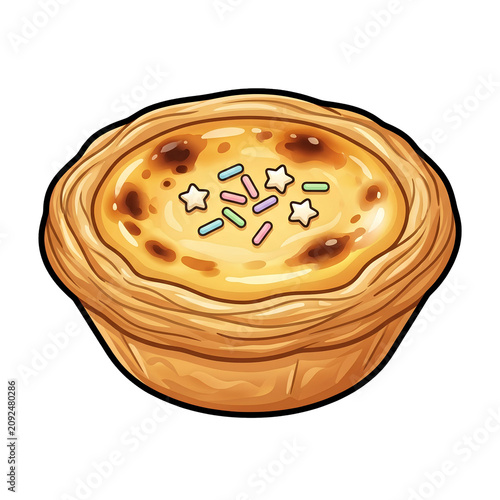 Cute Portuguese egg tart with sprinkles cartoon vector illustration isolated on white