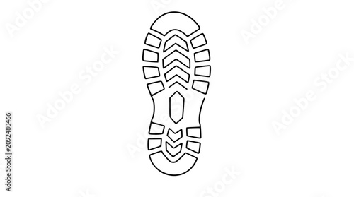 Clean black and white line art vector icon of a hiking boot print, perfect for outdoor adventure branding, trail marking, or camping gear design projects.