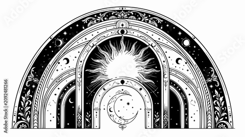 Foto Mystical Celestial Archway with Sun, Moon, Stars and Ornate Patterns