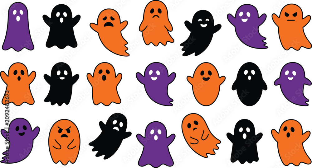 Fototapeta premium Halloween ghost characters set cute spooky ghosts for festive designs