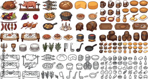 Tableau sur toile Medieval fantasy RPG pixel art tavern food game assets bundle with roasted meats