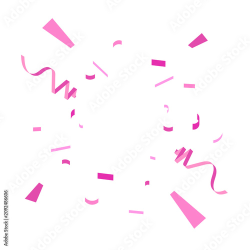 Bright pink confetti pieces and festive ribbon streamers floating in the air creating a joyful celebration atmosphere on a clean and simple isolated white background