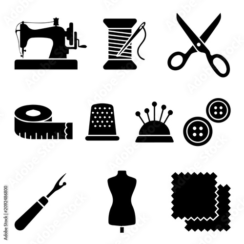 Valokuva Sewing and tailoring craft icons with tailoring scissors dressmaking handmade
