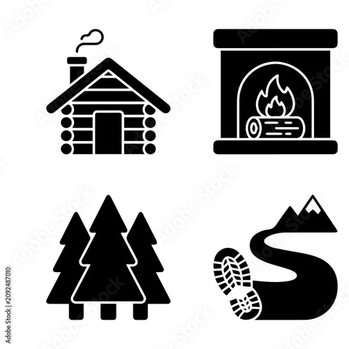 Cuadro en lienzo Mountain cabin and winter wilderness activity icons with mountain, wilderness