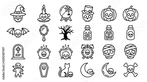 Obraz na płótnie Halloween Spooky Elements Icon Set in Black Line Art Style