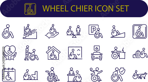 Wheelchair Outline Icons Collection Linear Editable Stroke Accessibility and Disability Vector Set