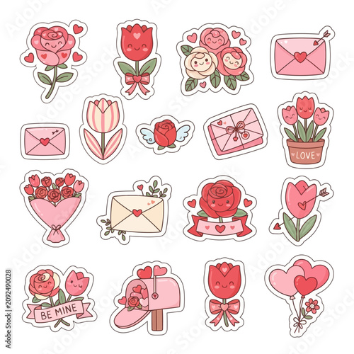 A collection of various Valentine's Day themed stickers featuring roses, hearts, envelopes, and flowers arranged on a white background.