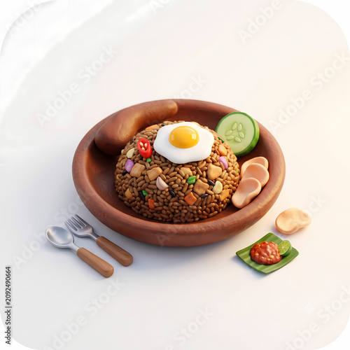 3D illustration of Indonesian fried rice or nasi goreng with fried egg, cucumber, sausage, crackers, and sambal on a clay plate