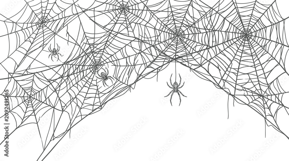 Obraz premium Intricate spiderweb illustration with three spiders halloween themed design element