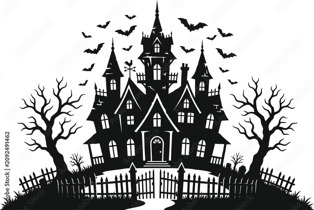 Fototapeta premium Spooky black silhouette of a haunted house with bats and trees for halloween decor