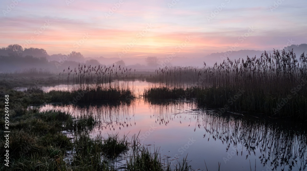 Obraz premium Misty wetland sunrise nature landscape with reeds