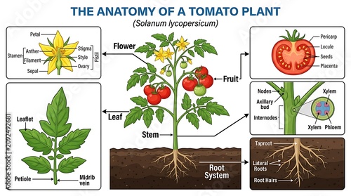 The anatomy of a tomato plant with detailed parts and growth stages, vegetable