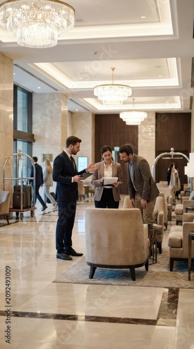 Guests checking into luxury hotel lobby with concierge service.