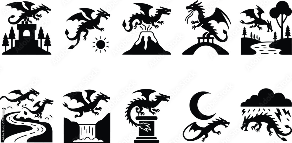 Fototapeta premium Set of ten black silhouette featuring dragons in various environments, including volcanoes, castles, waterfalls, forests, and stormy weather with lightning and clouds