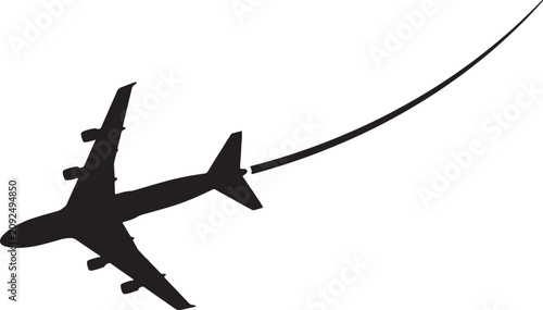 Quadro su tela A black silhouette of a large passenger airplane flying upwards, trailing a long