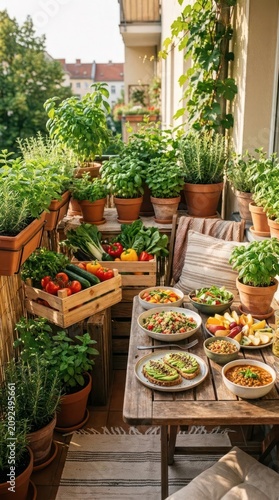 Lush balcony garden with fresh vegetables and herbs.