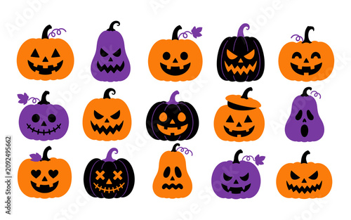 Tableau sur toile Cute Halloween wallpaper, spider and themed pattern with pumpkins on white backg