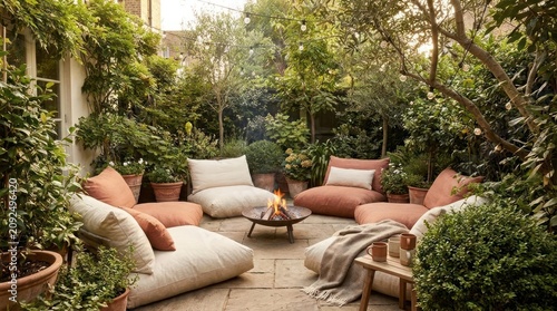 Luxury patio with cozy furniture and fire.