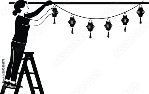 Woman standing on a stepladder hanging paper lantern garland vector illustration