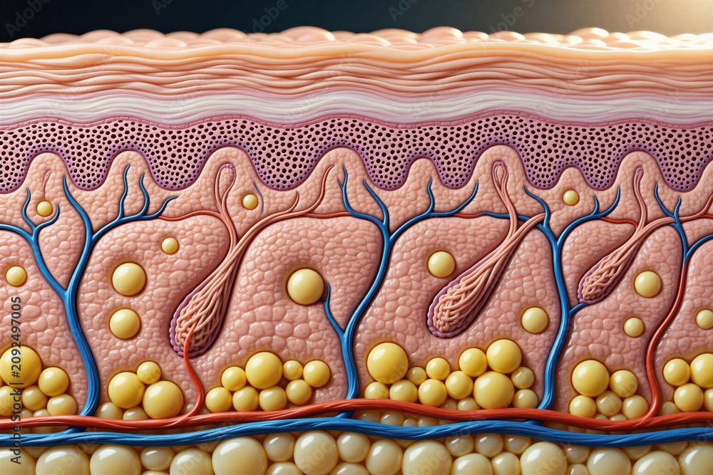 Obraz premium Cross section shows human skin layers with epidermis dermis and hypodermis. Includes hair follicles sebaceous glands blood vessels and fat cells. Detailed microscopic view of skin structure.