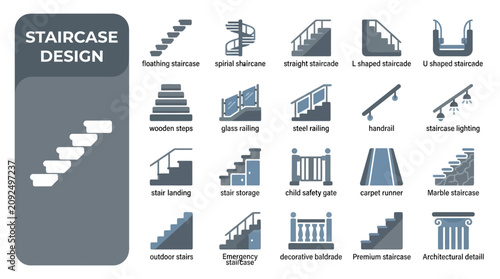 Comprehensive Collection of Architectural Staircase Design Elements and Modern Stairway Construction Components Icons Set
