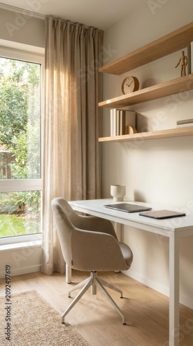 Minimalist home office workspace with white desk and shelving.