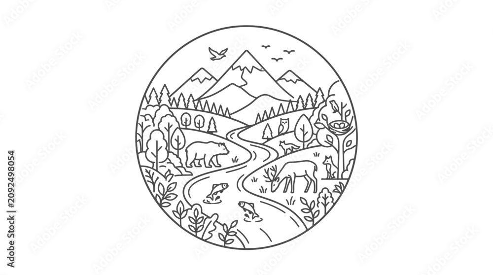 Obraz premium Nature landscape illustration: wild animals, river, mountains and forest in circle