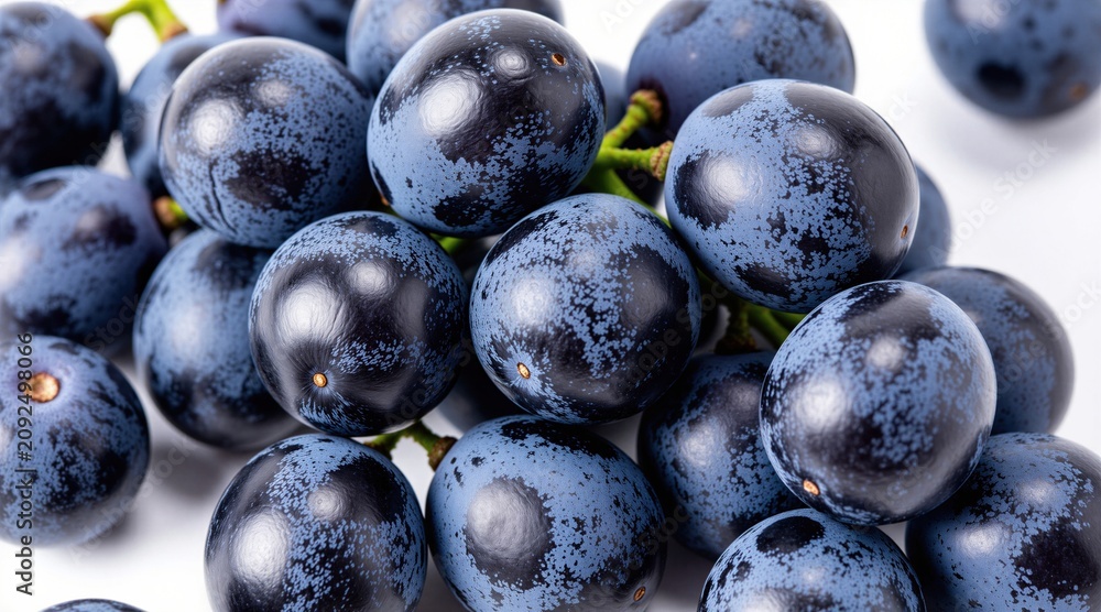 Obraz premium Dark blue oval grapes piled together on white background. Ripe juicy berries display smooth skin and subtle speckled texture. Fresh fruit for healthy eating and culinary use.