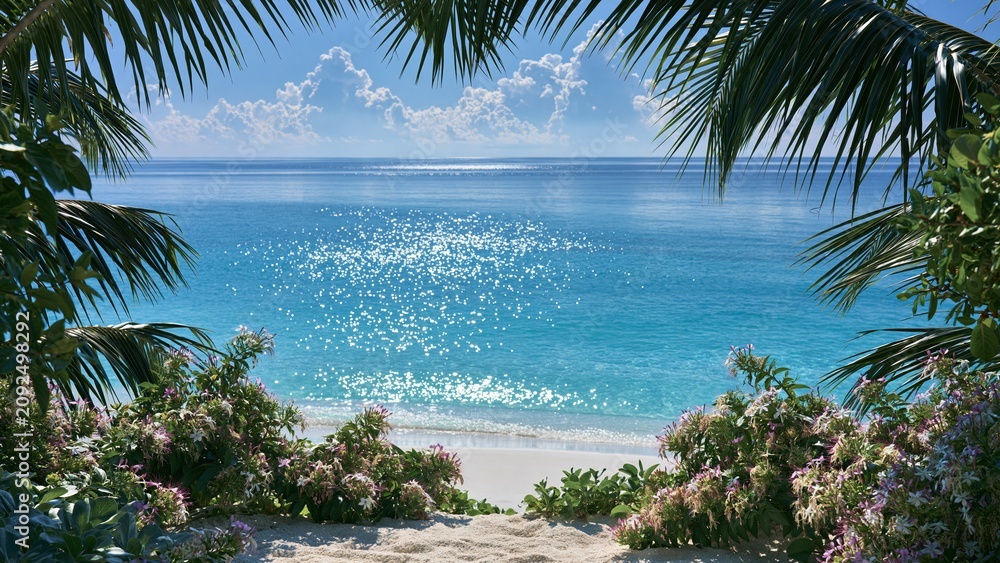 Fototapeta premium Tropical beach with palm leaves framing turquoise ocean and sand