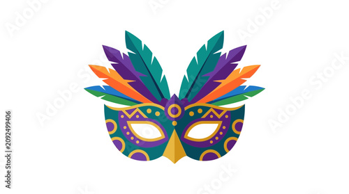 A colorful masquerade mask adorned with feathers, featuring intricate patterns and vibrant hues for a festive celebration.