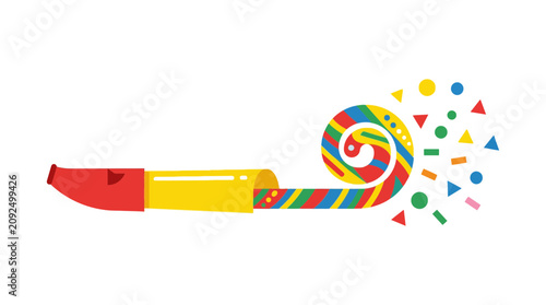 A colorful party horn unfurls with a swirl and releases a burst of confetti, signaling celebration.