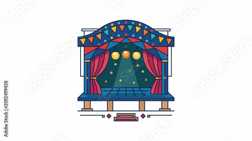 A colorful stage with red curtains, festive bunting, and spotlights, ready for a performance or event.