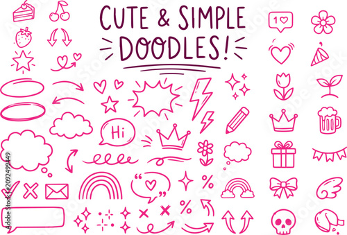 Cute pink line doodle icons and bullet journal elements vector set. Hand drawn simple design graphics including speech bubbles, stars, arrows, crowns, rainbows, and food items