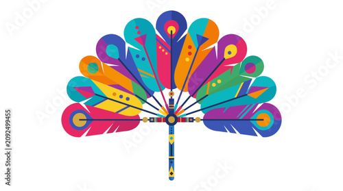A colorful, stylized fan made of abstract feathers in a fanned-out arrangement.