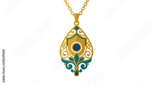 A detailed, ornate gold pendant with blue and teal accents hangs from a delicate gold chain.