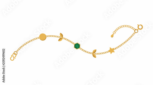 A delicate gold bracelet features a chain with charms including a circle, leaves, a green gemstone, and a star.