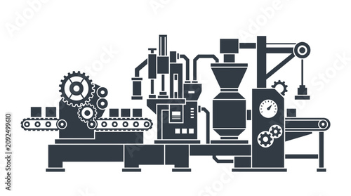 A dark grey industrial factory machine with conveyor belts and gears, processing items on a production line.